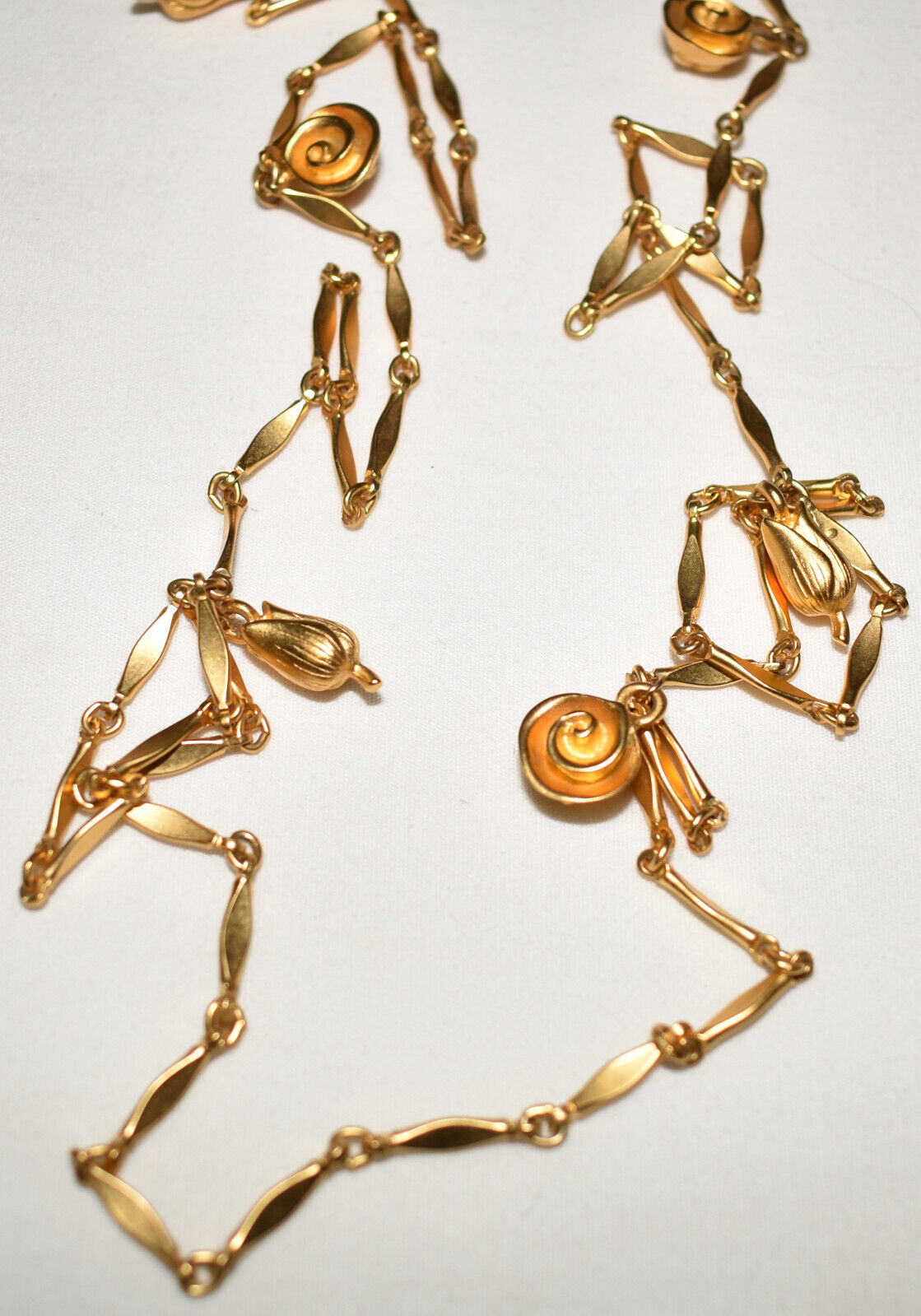 Vintage Givenchy Bijoux Matte Gold Tulips & Roses 48" Necklace w Logo Tag New Old Stock