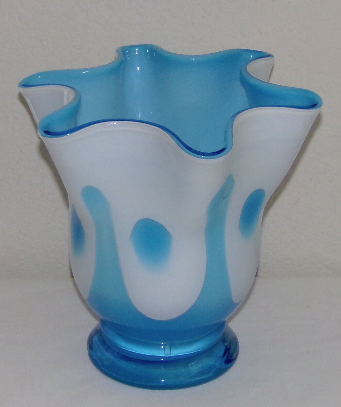 Vintage Cased Glass Handkerchief Vase Blue White Hand Blown Glass Mid Century