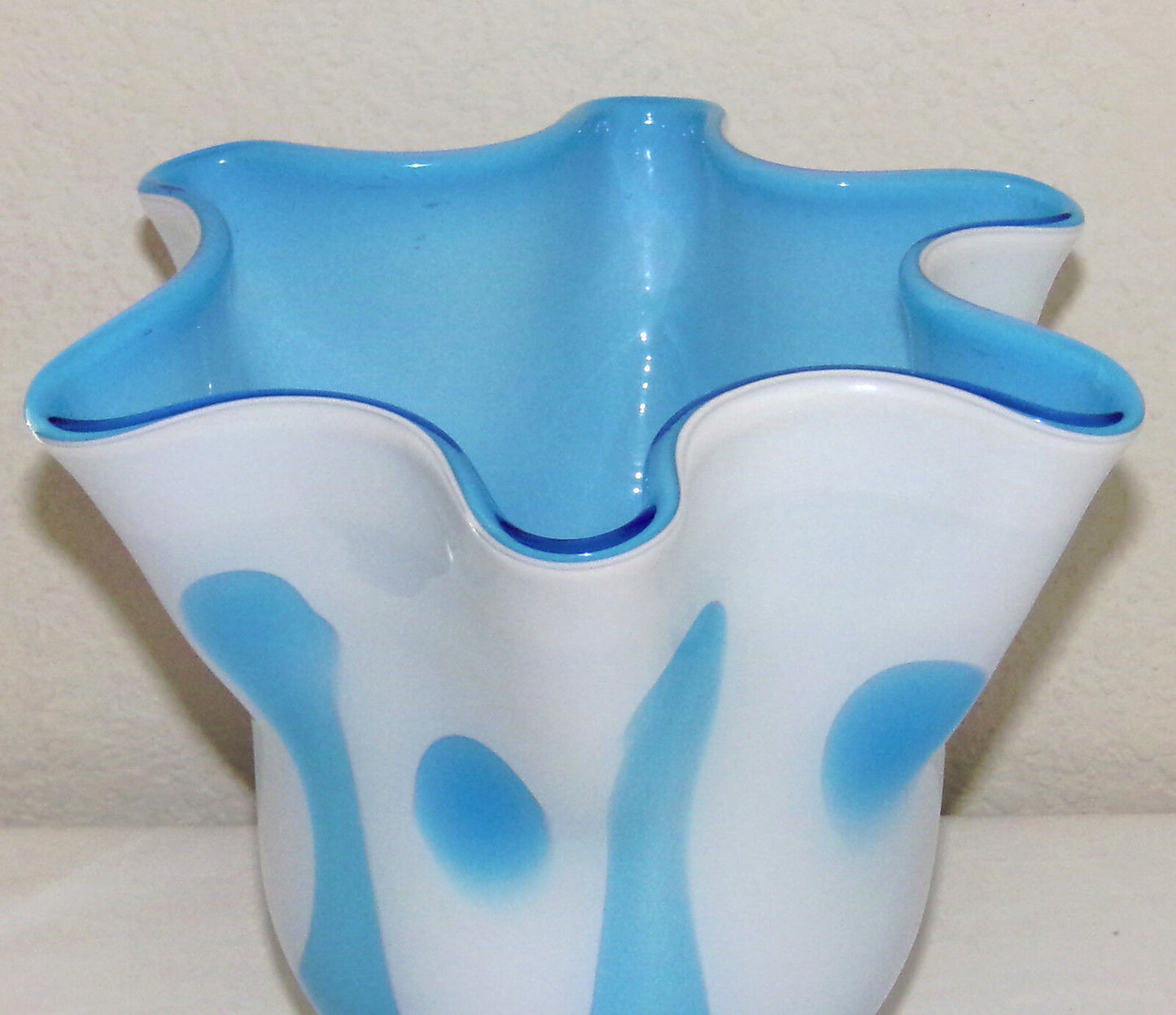 Vintage Cased Glass Handkerchief Vase Blue White Hand Blown Glass Mid Century