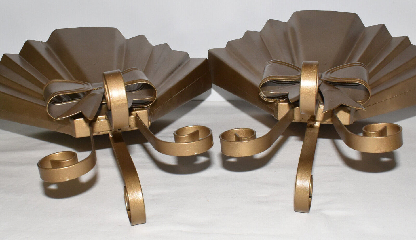 Pair Mid Century Modern Metal Fan Vases w Bow Fronts & Scroll Feet 14" Rare Find