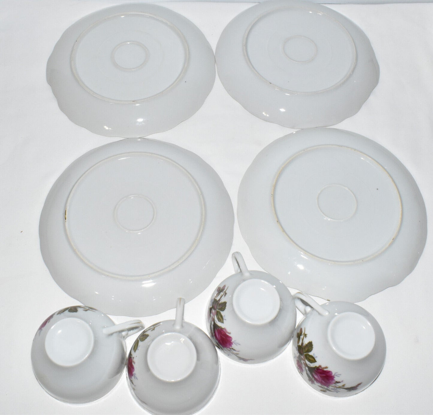 Vintage 8pc Snack Set Luncheon Plates Cups Fuchsia Lilac & Green Floral Pattern