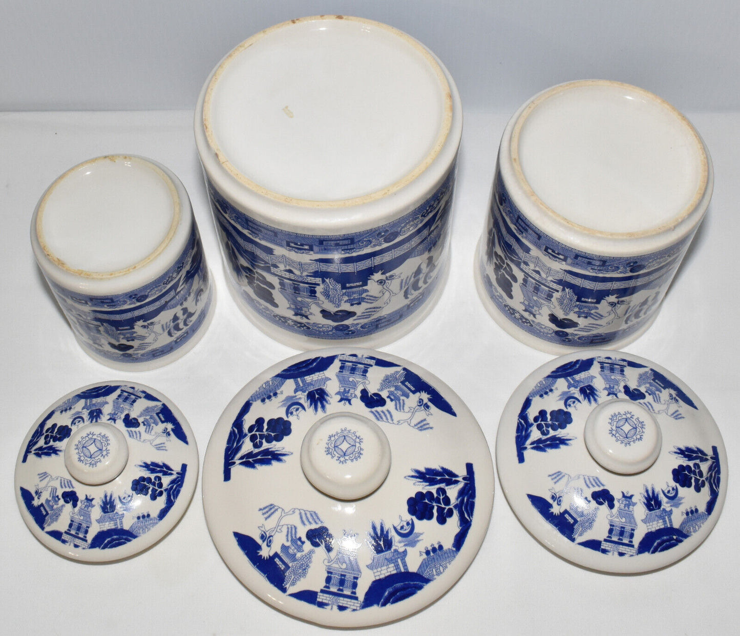 Vintage Blue Willow Transferware 3 Piece Canister Set Blue White Ceramic Canisters