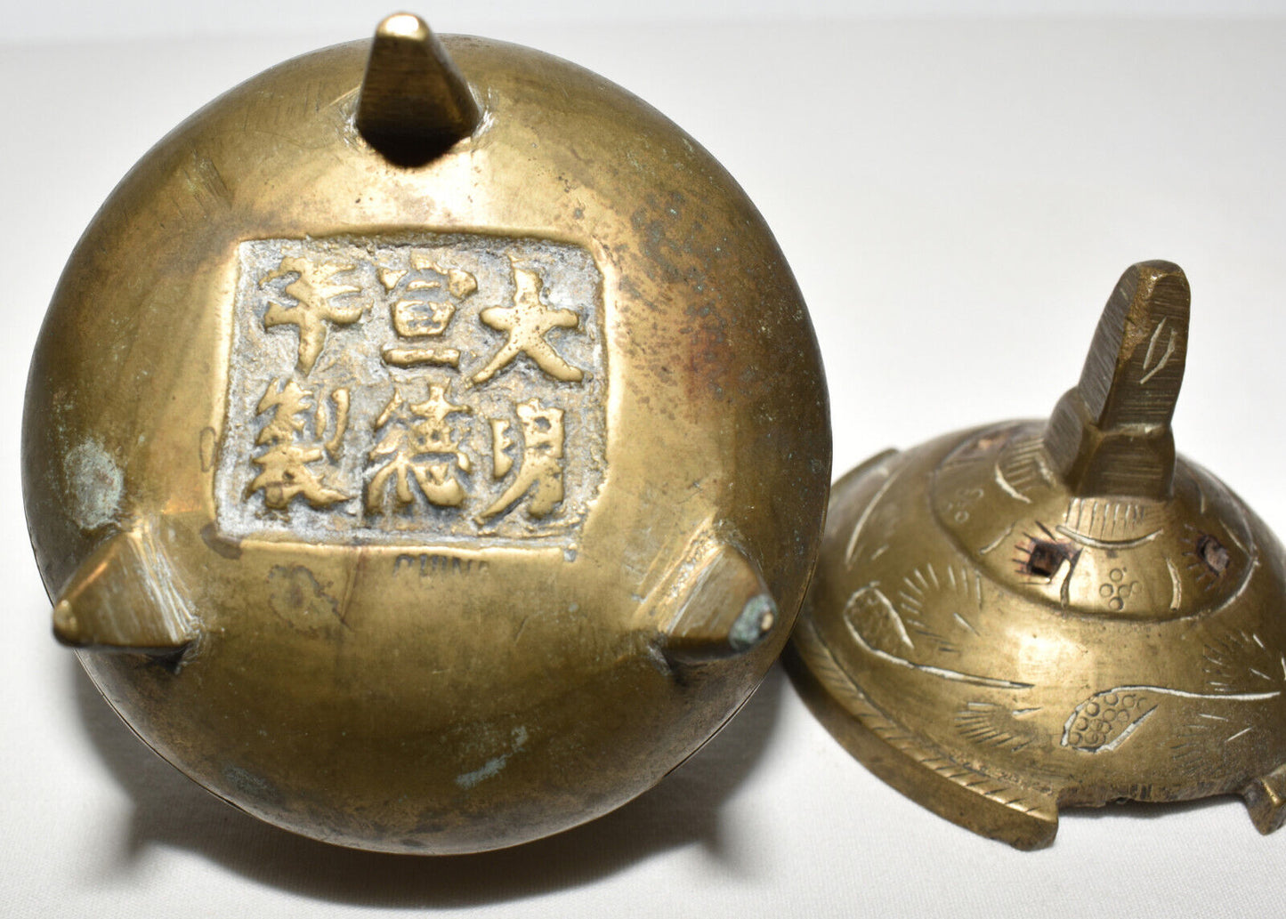 Antique 19C Chinese Brass Censer Solid Brass Incense Burner with Lid Signed