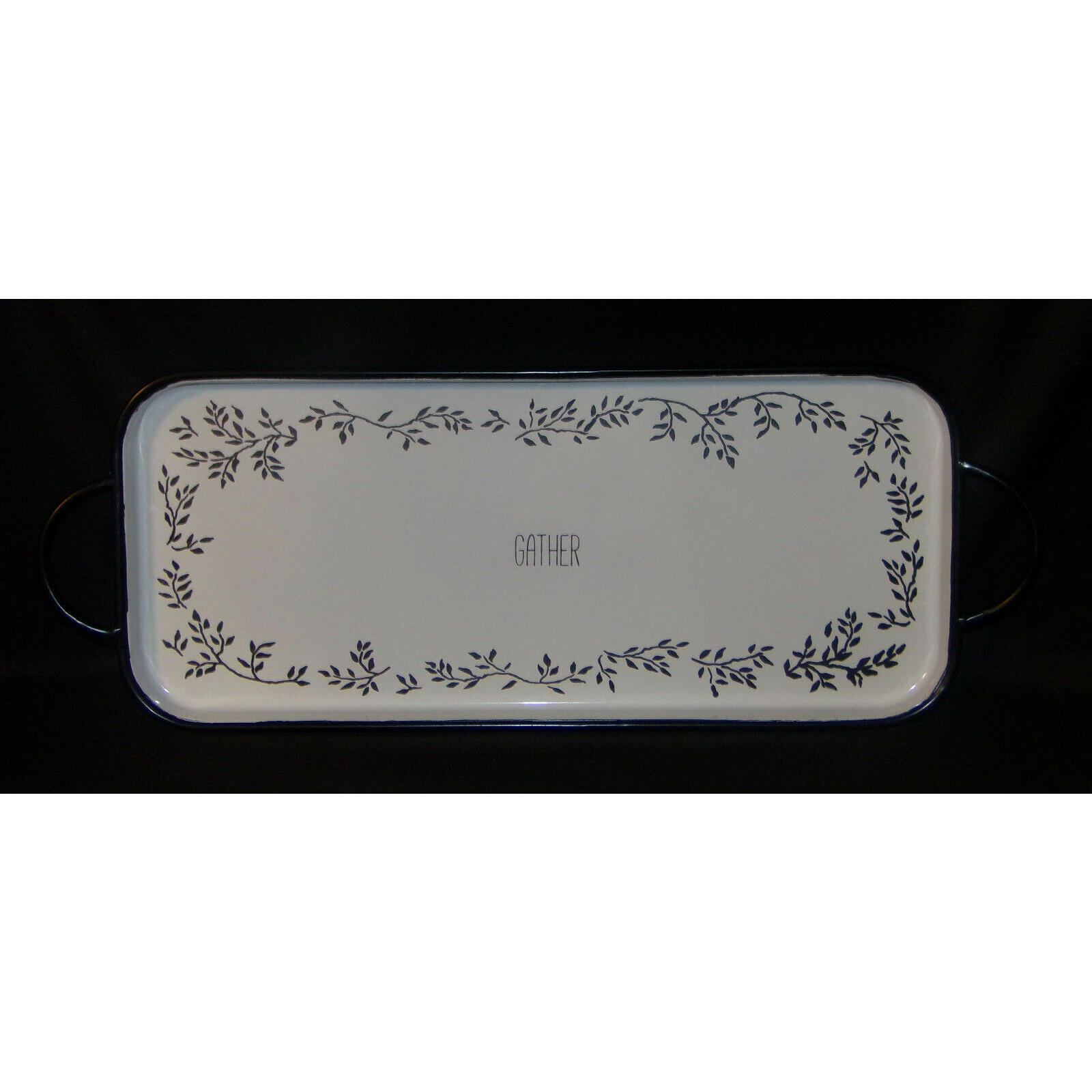 Long 24 Serving Tray Gather Black White Floral Print Enamel Tray w Handles  New