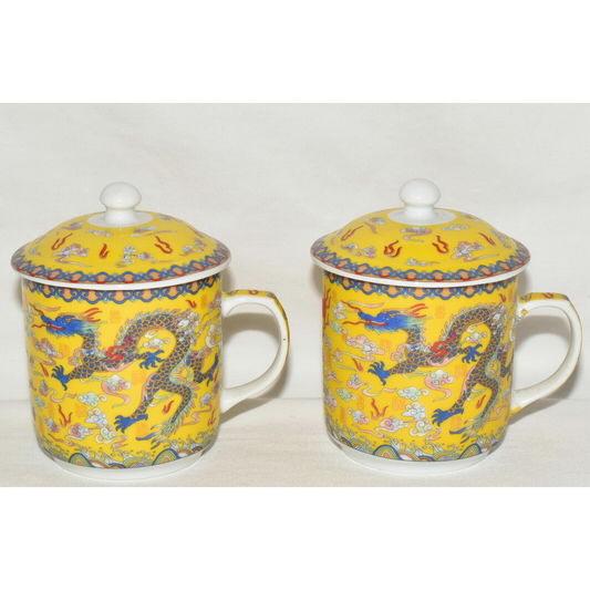 R.S.I. Chinese Dragon Mugs w Lids Pair Yellow Porcelain Tea Coffee Cups Mugs