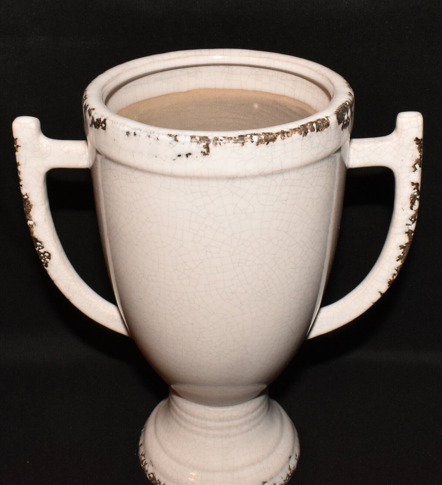 Distressed White Porcelain Trophy Urn 9.75" Crackle Glaze Finish Double Handles