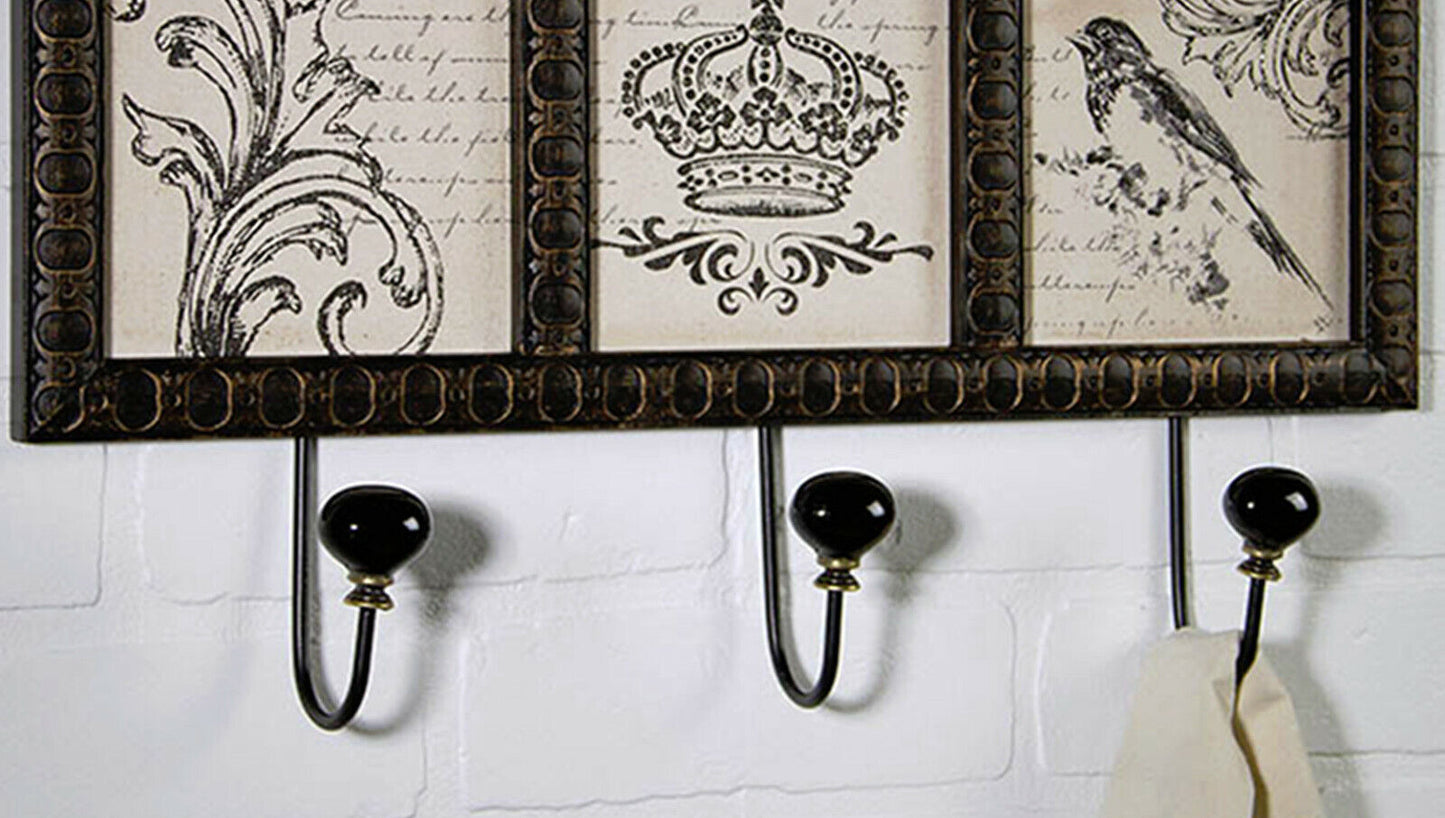 Framed Burlap Artwork 3 Hook Wall Plaque Wall Decor French Country Home Accents