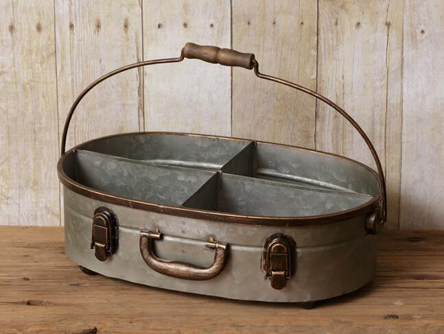 Galvanized Metal Divided Bin Caddy Carrier w Handle Suitcase Inspired Caddy