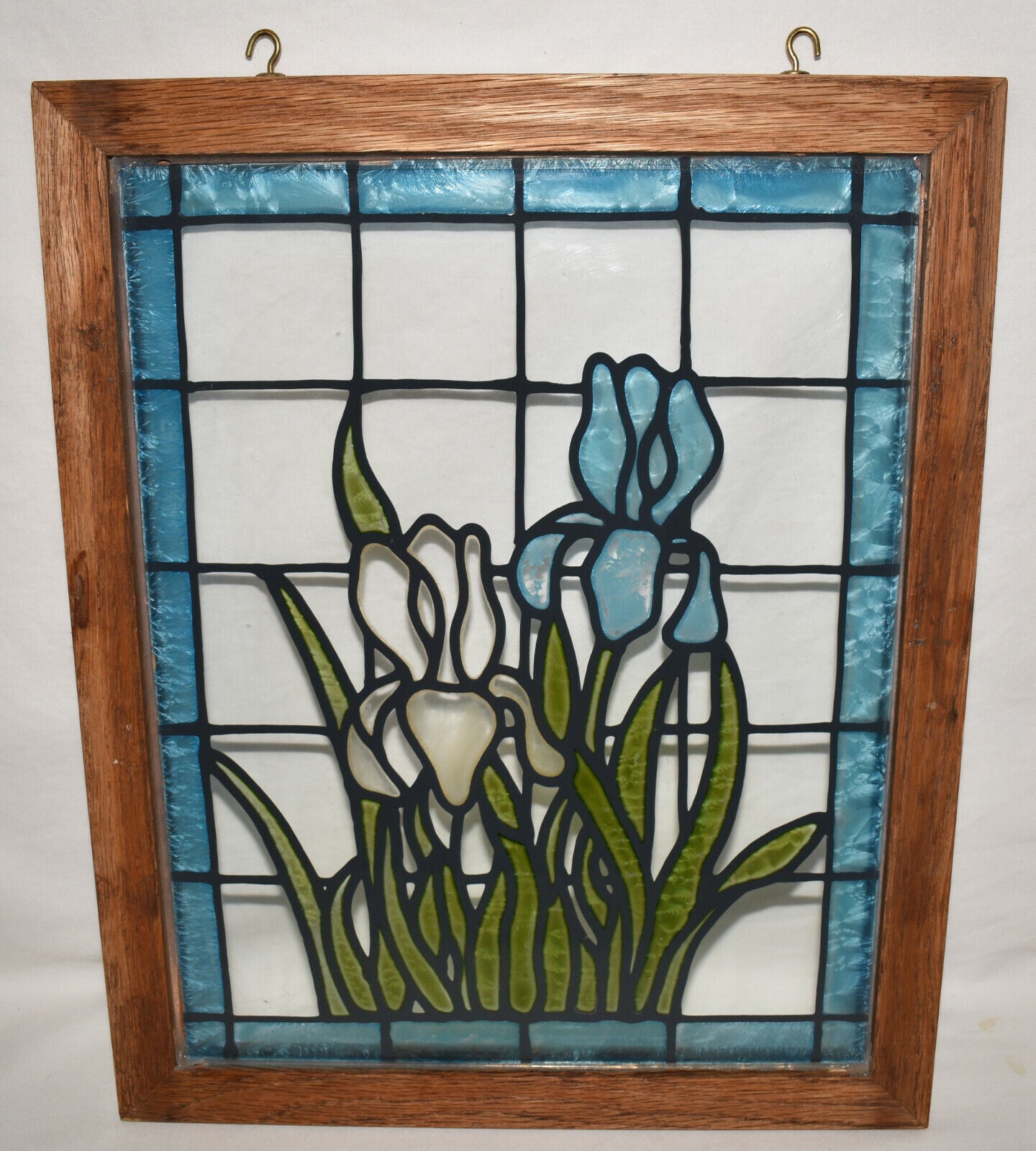 Vintage Liquid Lead Stained Glass Window Panel 16" x 13" Irises w Green Foliage
