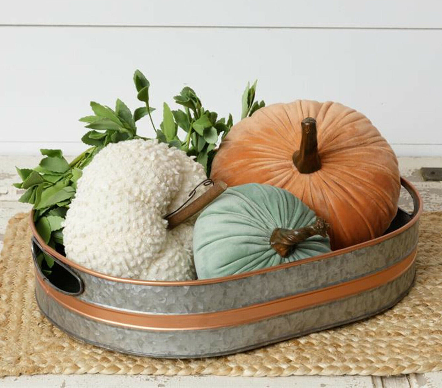 Extra Large 15" Tray Bin Caddy Basket Galvanized Metal w Copper Accent Handles