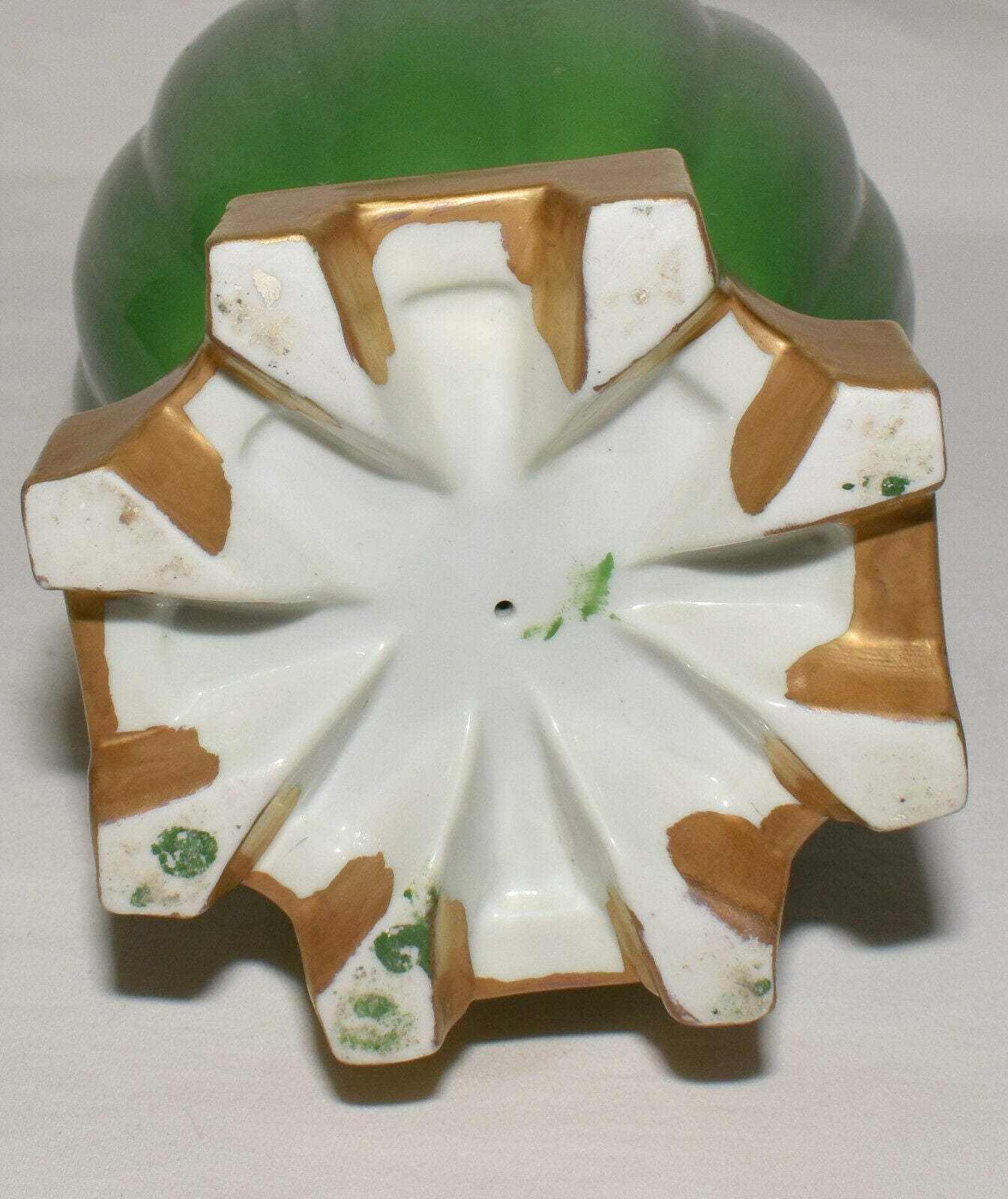 Vintage Green Hand Painted Vase 11" Ribbed Vase Heavy Gilt Trim Ornate Handles