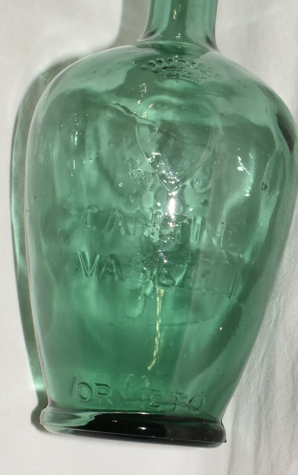 Vintage Green Glass Wine Bottle Decanter w Embossed Grapes Leaves Vaselli Wine