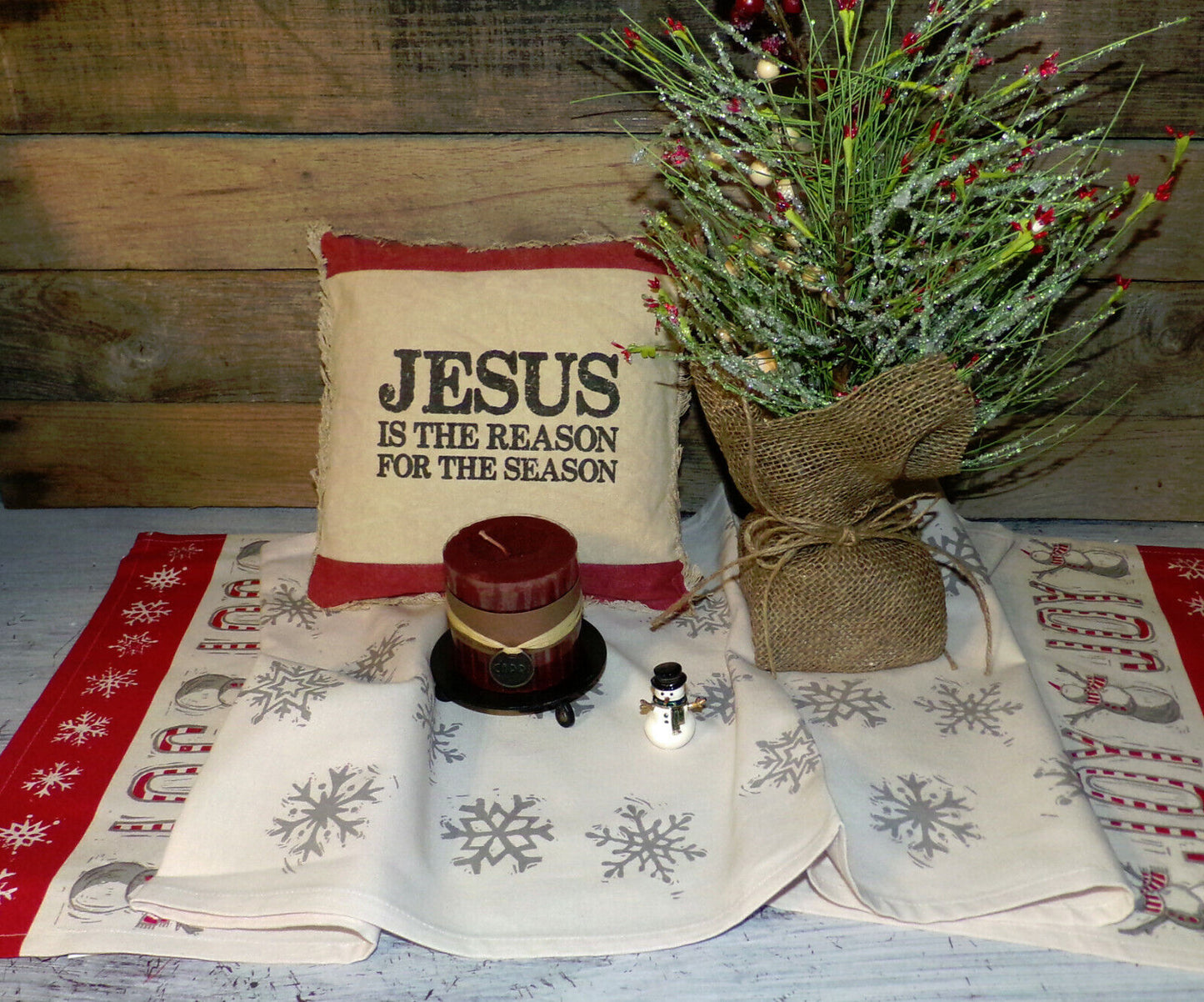 Christmas Table Runner 56" Joy Snowflake Snowman Red Khaki Silver Table Decor