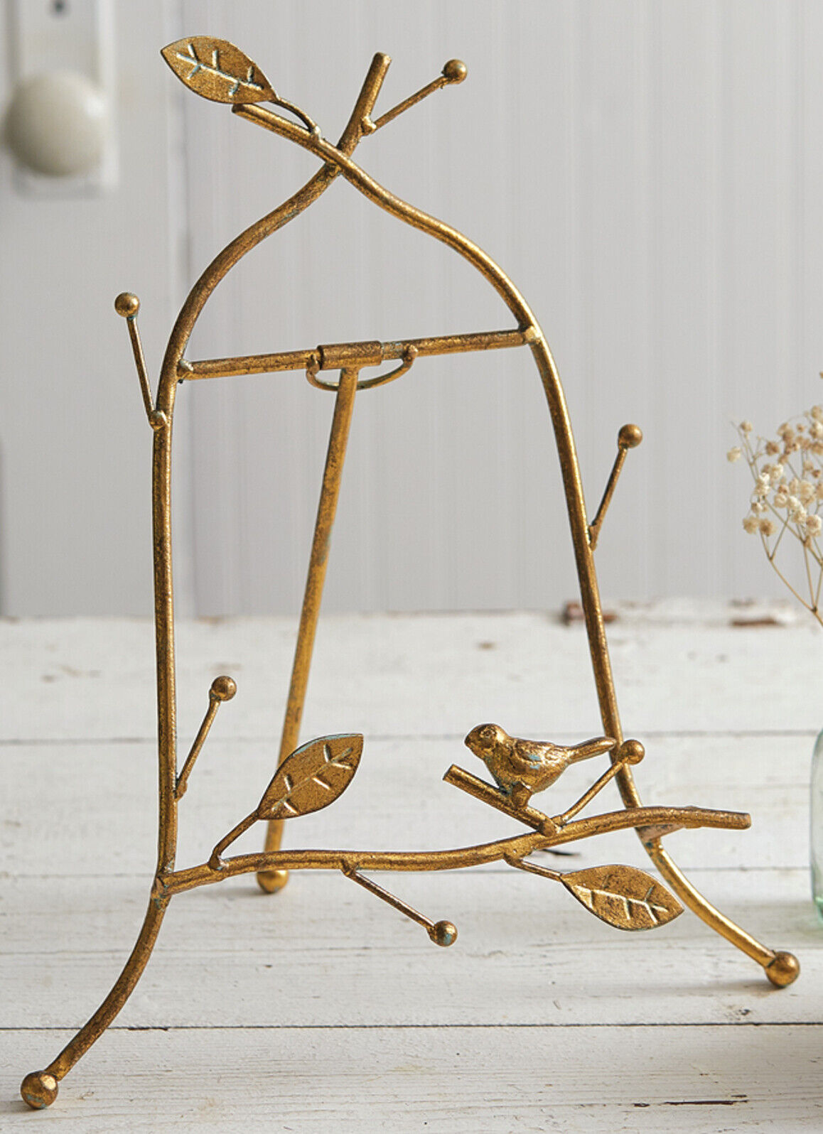 Vintage Inspired Bird & Leaf Plate Holder Stand Display Easel Antiqued Gold New
