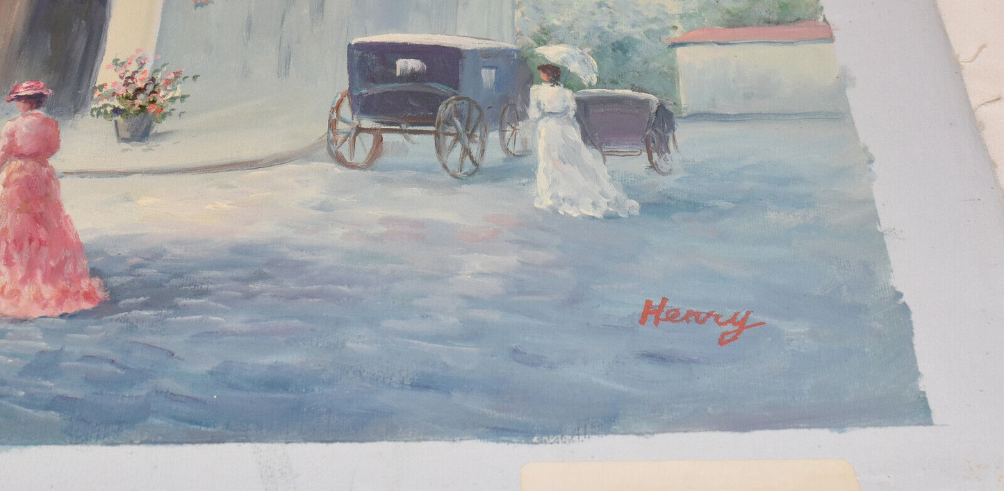 Original Oil on Canvas European Dining Textured Painting 19x15 Signed Henry