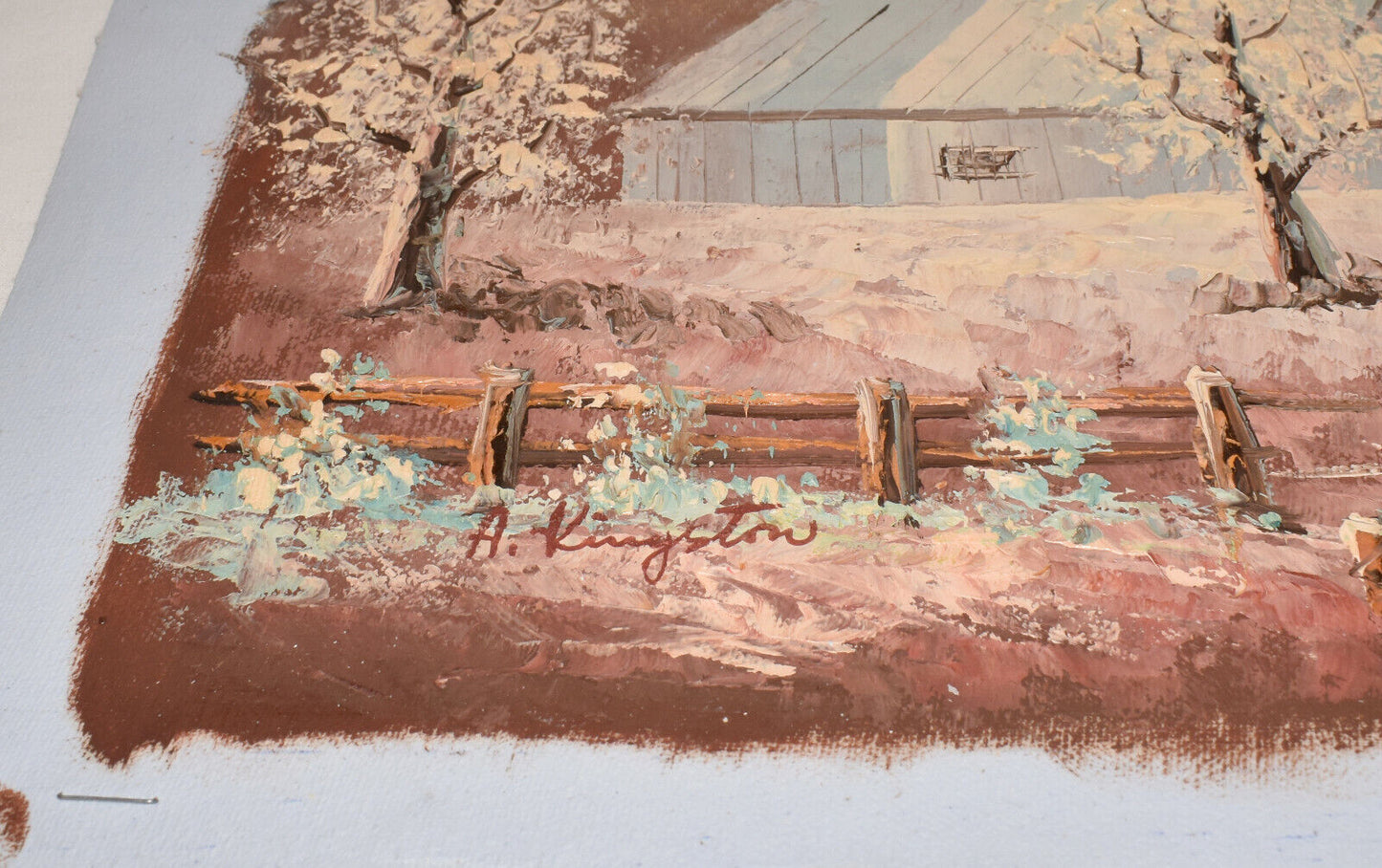 Original Oil on Canvas Barn In The Mountains Textured Painting 19x15 Signed