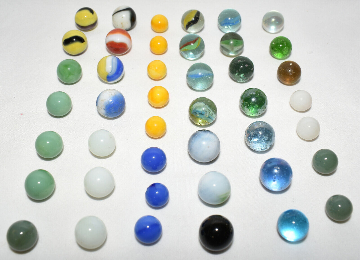 43 Vintage Glass Marbles Yellow Orange Blue Green White Black Various Patterns
