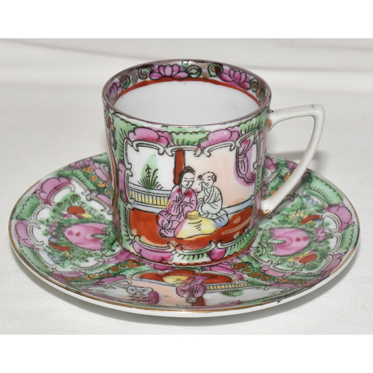 Vintage Chinese Rose Medallion Demitasse Teacup & Saucer Pink Green w Red Mark