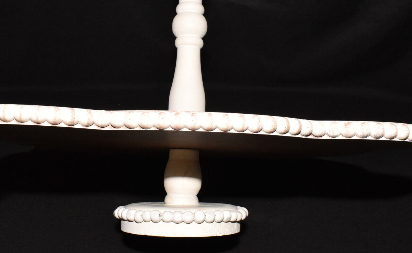 Wooden Two Tiered Stand Display Distressed White Display Tray w Beaded Trim New