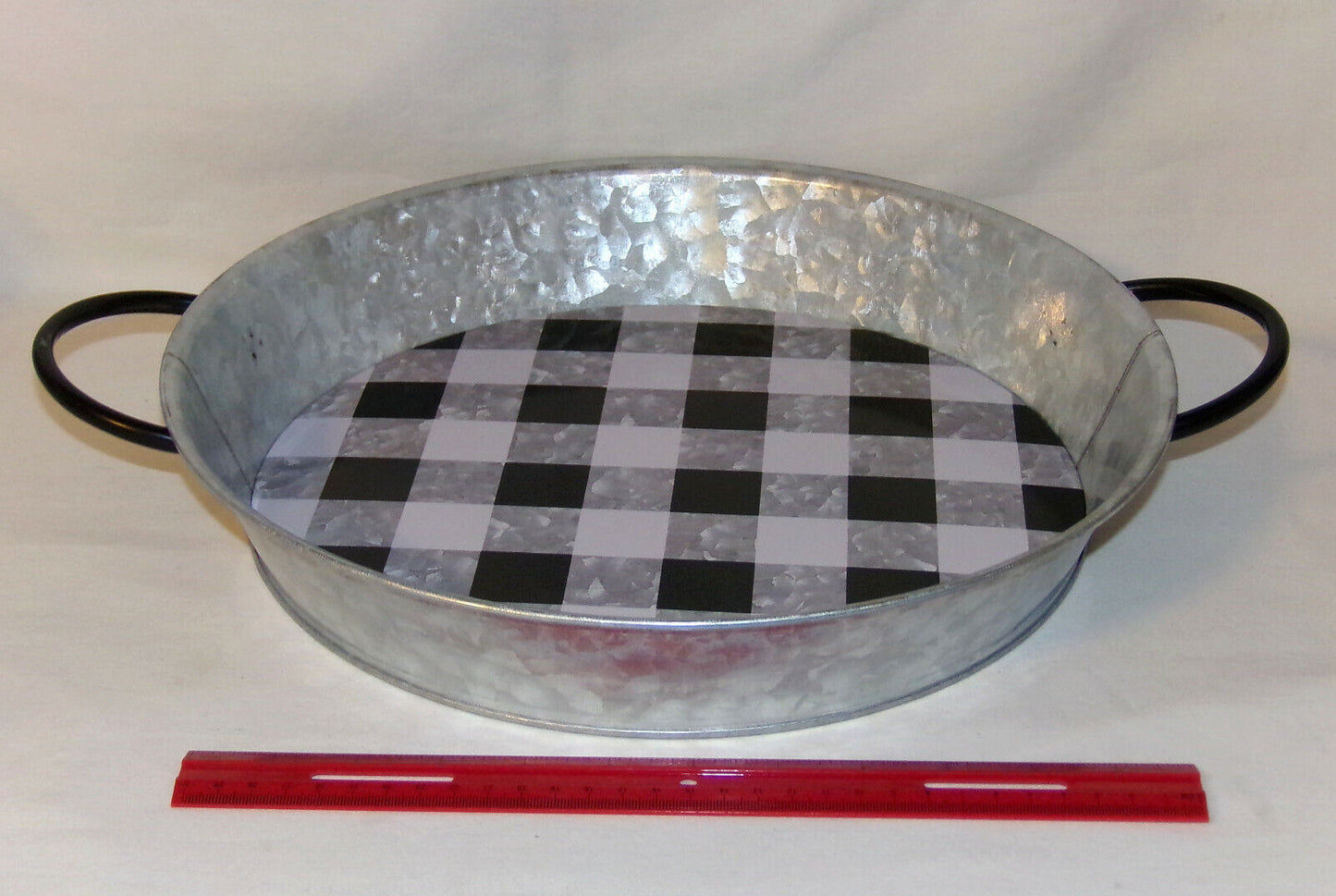 Serving Tray Black White Buffalo Check Galvanized Metal Double Handle Tray New