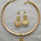 Vintage Gold Choker Necklace w Pearl Pendant Snake Chain & Matching Earrings 2PC Set