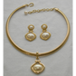 Vintage Gold Choker Necklace w Pearl Pendant Snake Chain & Matching Earrings 2PC Set