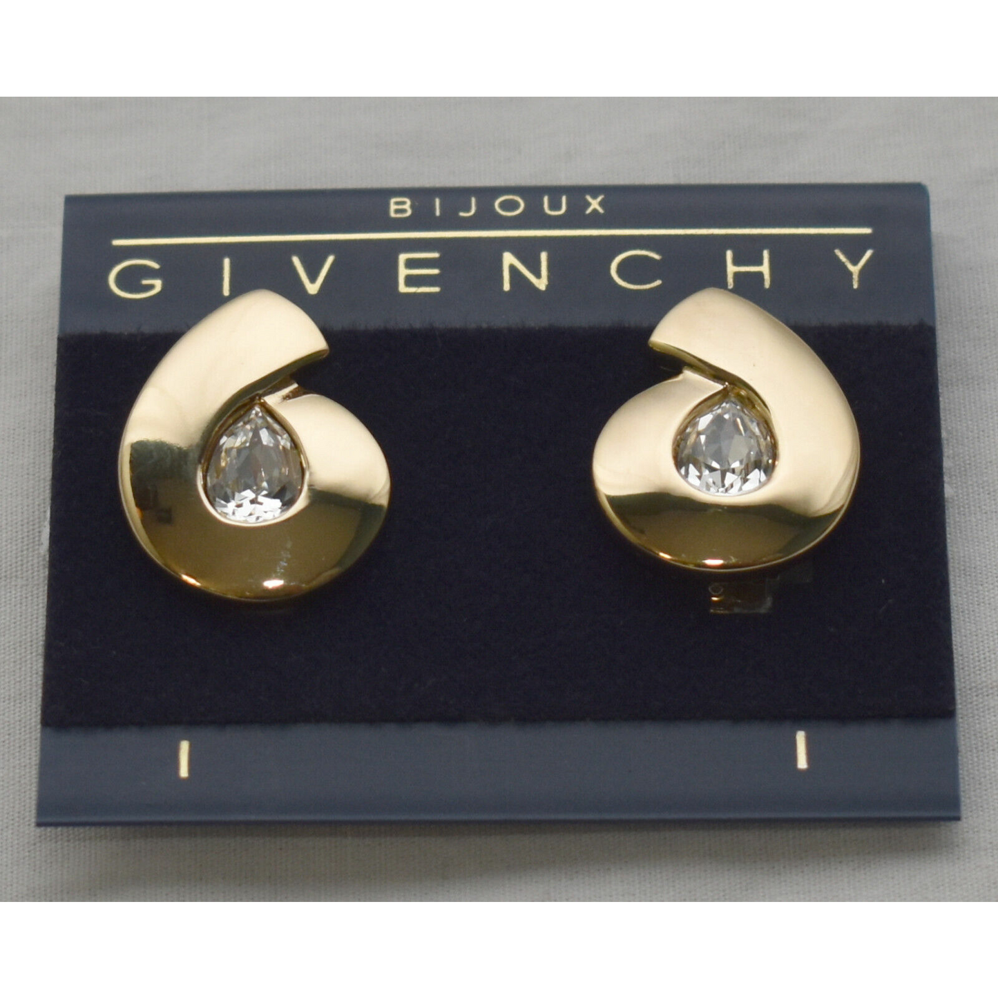 Vintage Givenchy Bijoux Paris Gold & Crystal Logo G Clip-On Earrings Signed New Old Stock
