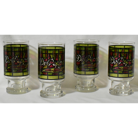 Vintage Dr Pepper Drinking Glasses Stained Glass 1970's Set of 4 Anchor Hocking