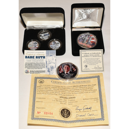 Uncirculated Commemorative Coins Ronald Reagan 9/11 Pure Silver Babe Ruth Qrtrs