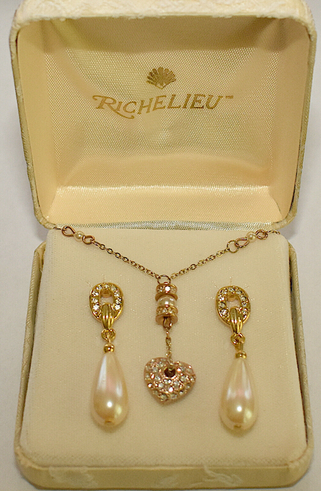 Vintage Richelieu Pearl & Crystal Necklace Set Heart Necklace w Dangle Earrings New Old Stock