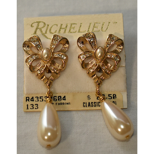 Vintage Richelieu Pearl & Crystal Gold Dangle Earrings w Bow Design Signed New Old Stock