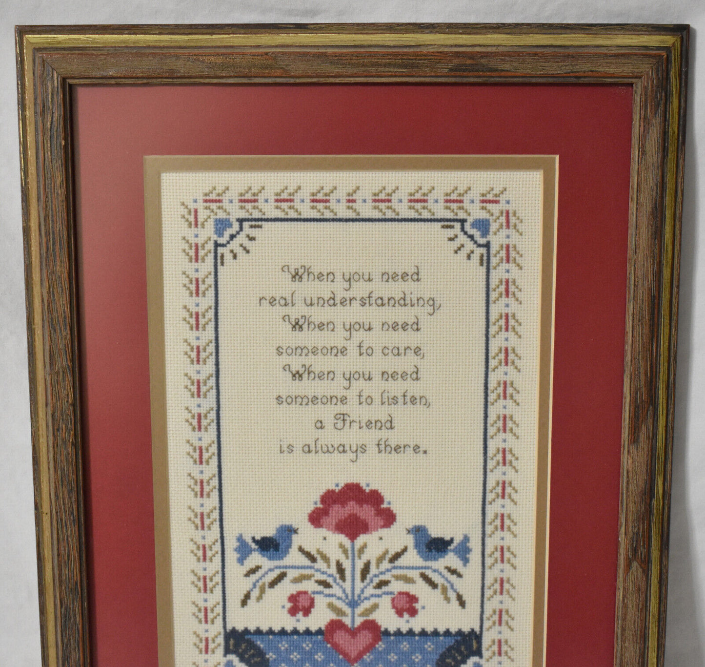 Vintage Framed Needlepoint Friend Poem w Birds Floral Accent Pink Blue Green 15"