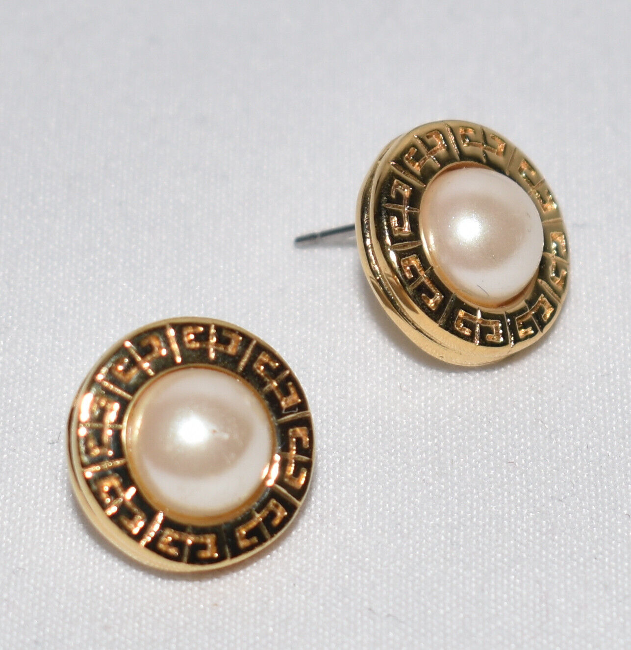 Vintage Givenchy Bijoux Paris Gold & Pearl Medallion Logo Earrings Signed New Old Stock