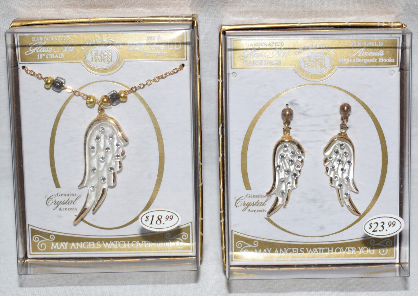 Glass Baron Angel Wings Necklace & Earring Set 22K Gold Accents Genuine Crystals