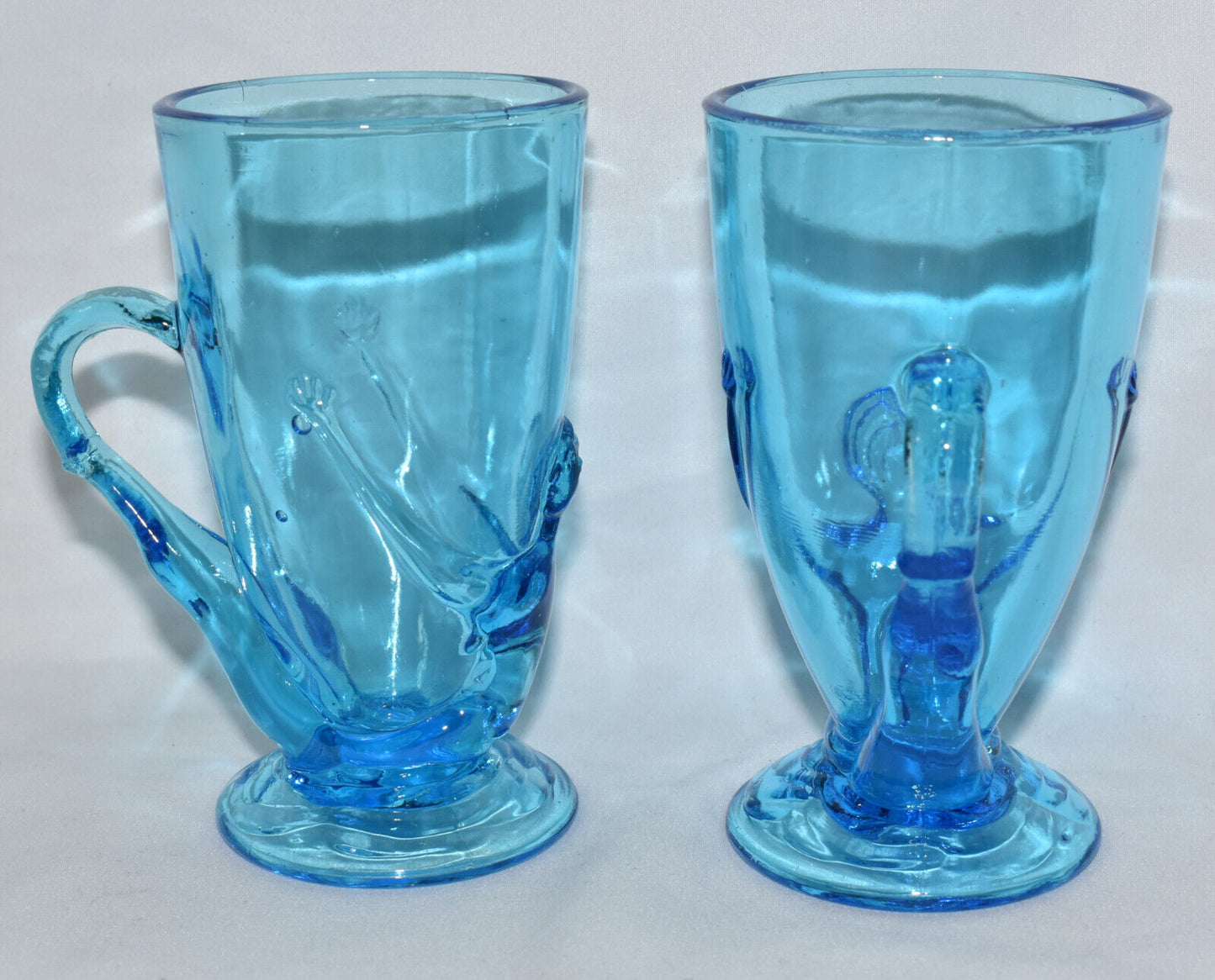 2-Vintage Glass Mugs with Nude Lady Blue Art Glass Cups Mugs Glassware