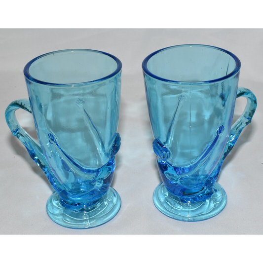 2-Vintage Glass Mugs with Nude Lady Blue Art Glass Cups Mugs Glassware