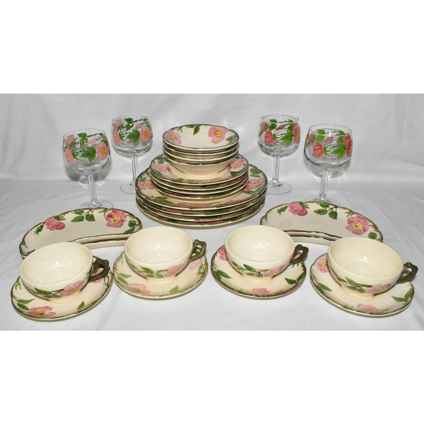 Vintage Franciscan Desert Rose China 28pc Dinnerware Set Plates Bowls Glasses & Cups