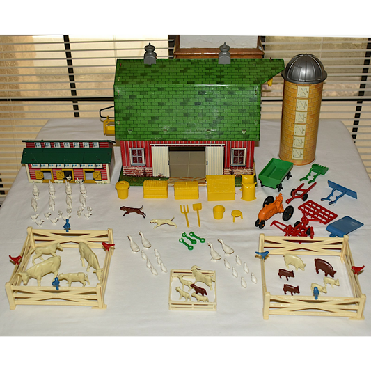 Vintage 1950s Happi Time Farm 99pc Playset Farmer Animals Fencing Equipment Tools