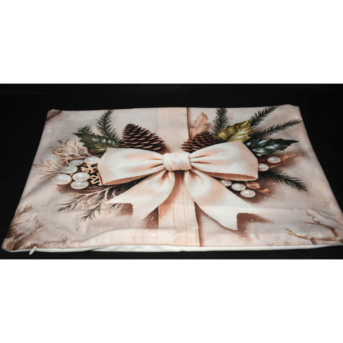 Christmas Pillow Slip Cover 20x12 Beige Xmas Bow Pinecones Zippered Pillow Slip