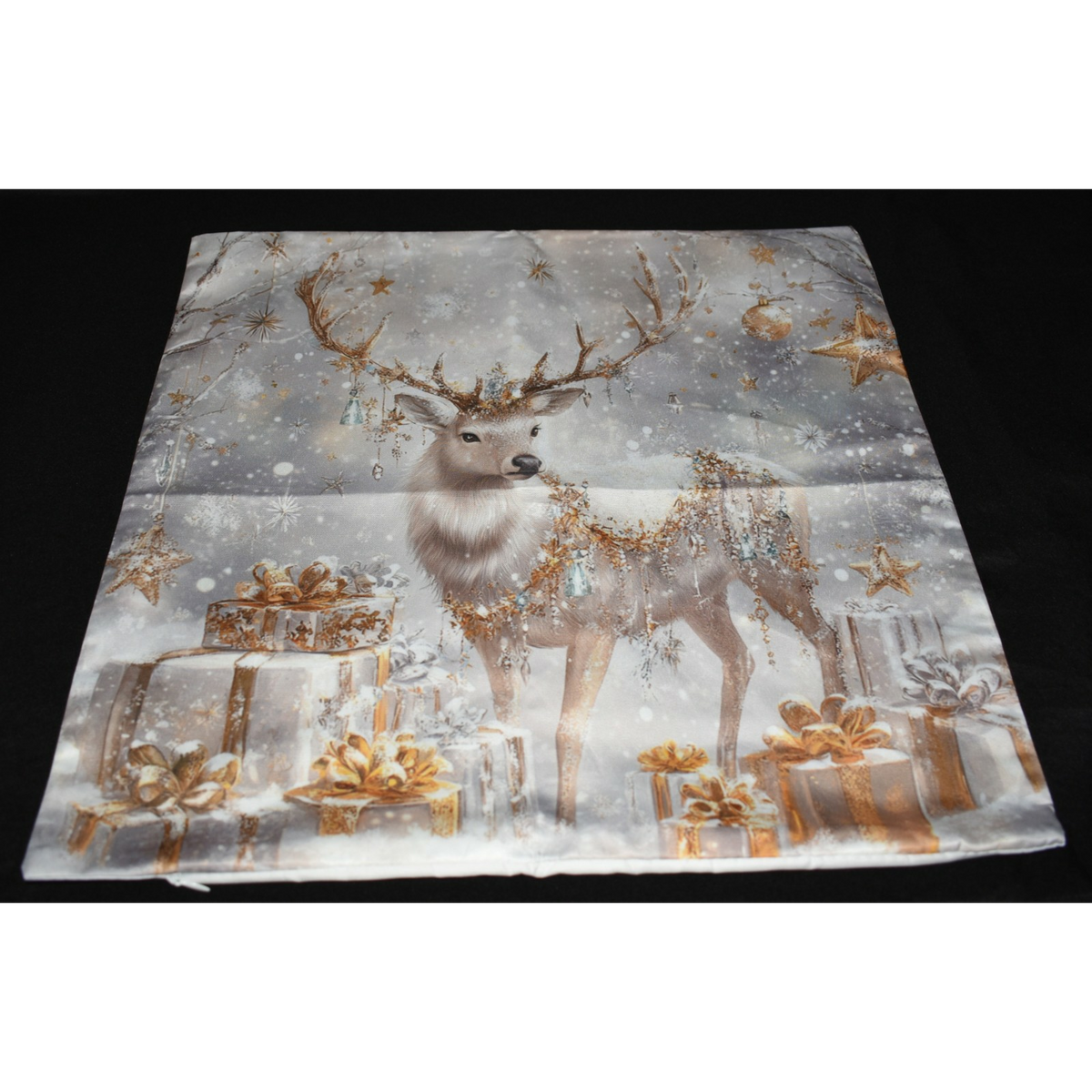 Christmas Pillow Slip Cover 18x18 Slvr Gold Reindeer & Xmas Presents Pillow Slip
