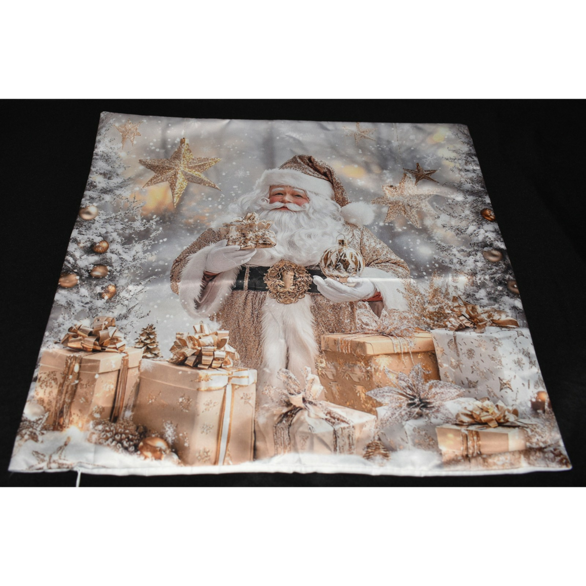 Christmas Pillow Slip Cover 18x18 Silver Gold Santa w/ Xmas Presents Pillow Slip