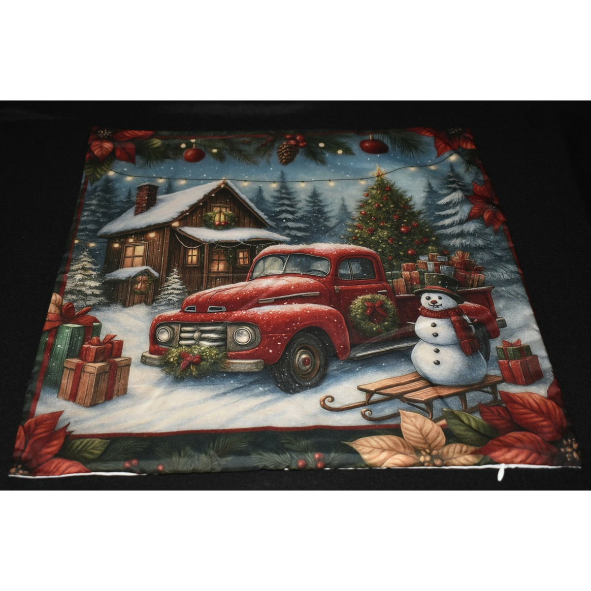 Red Truck Christmas Pillow Slip Cover Log Cabin & Snowman Pine Trees 18x18 New