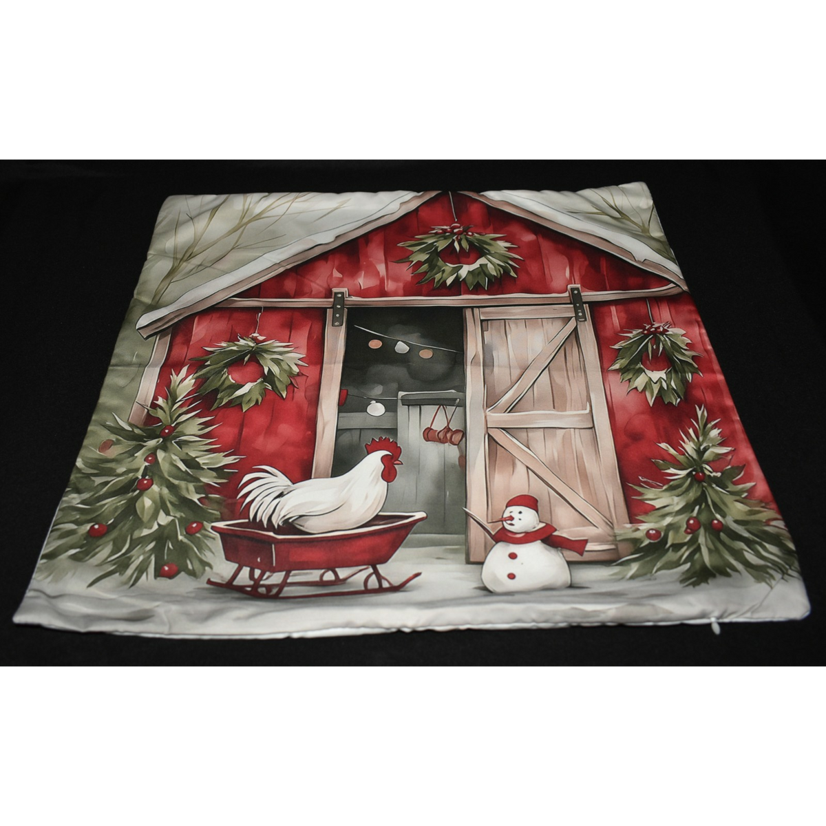 Christmas Pillow Slip Cover Red Barn w Chicken on a Sled Pillow Cover 18x18 New