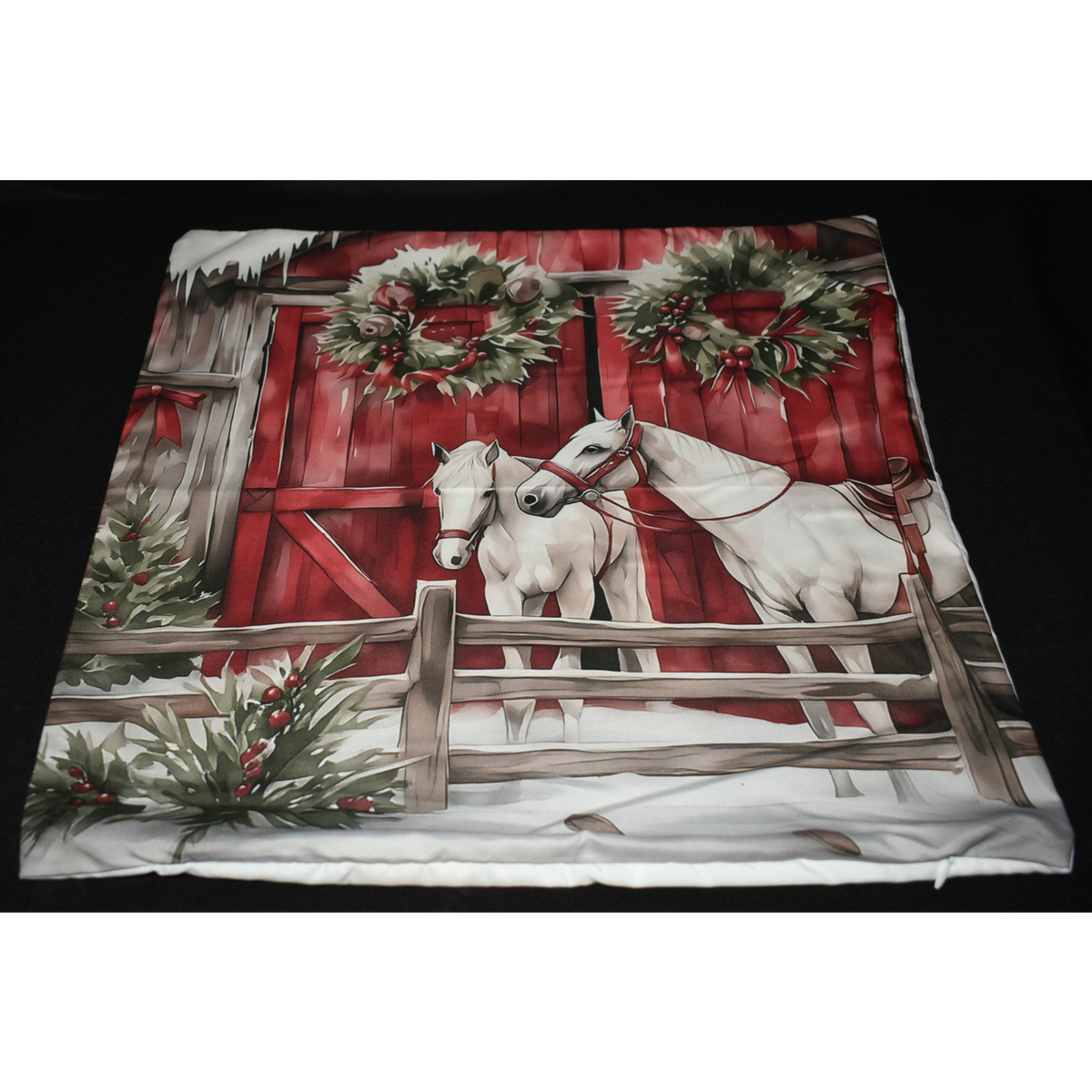 Christmas Pillow Slip Cover with Red Barn & White Horses Equines 18x18 New