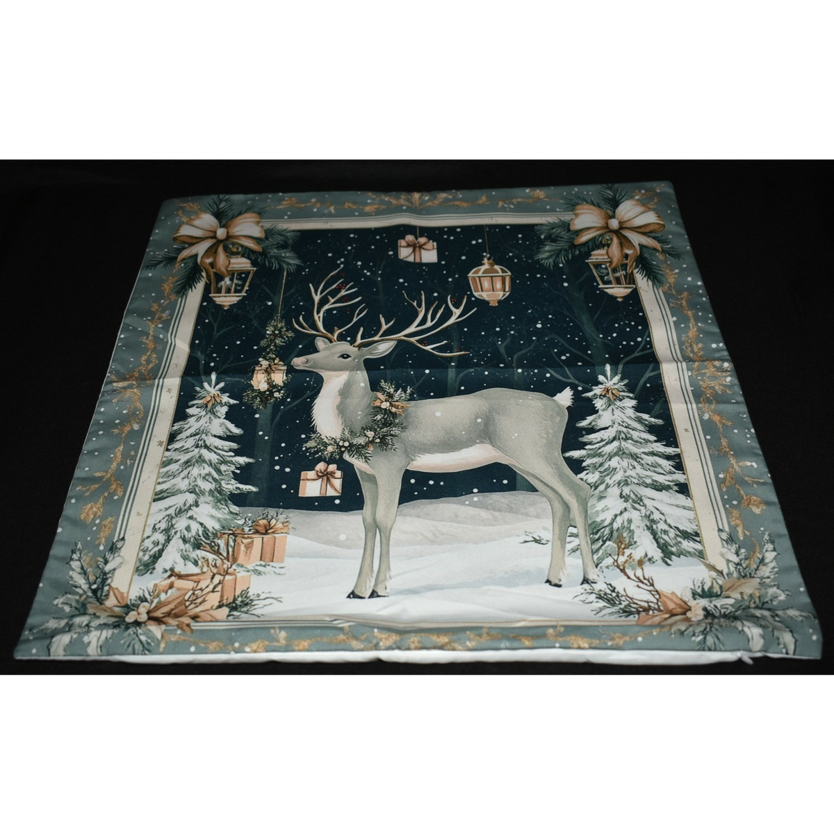 Green Christmas Pillow Slip Cover of Deer on a Starry Night Snowflakes 18x18 New