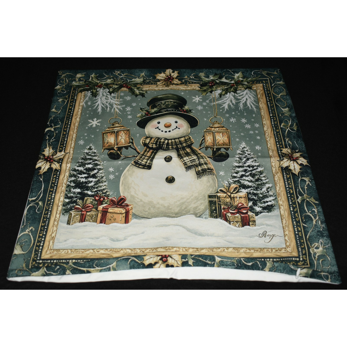 Green Christmas Pillow Slip Cover of a Snowman in a Frame w Xmas Gifts 18x18 New