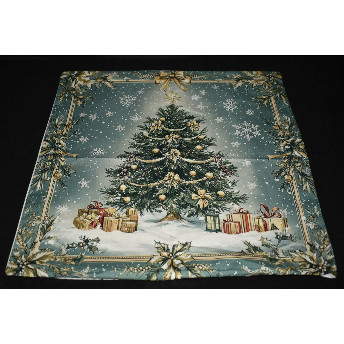 Green Christmas Pillow Slip Cover of a Xmas Tree & Gifts in a Frame 18x18 New