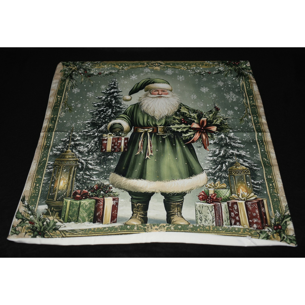 Green Christmas Pillow Slip Cover with Santa Claus Gifts & Snowfall 18x18 New