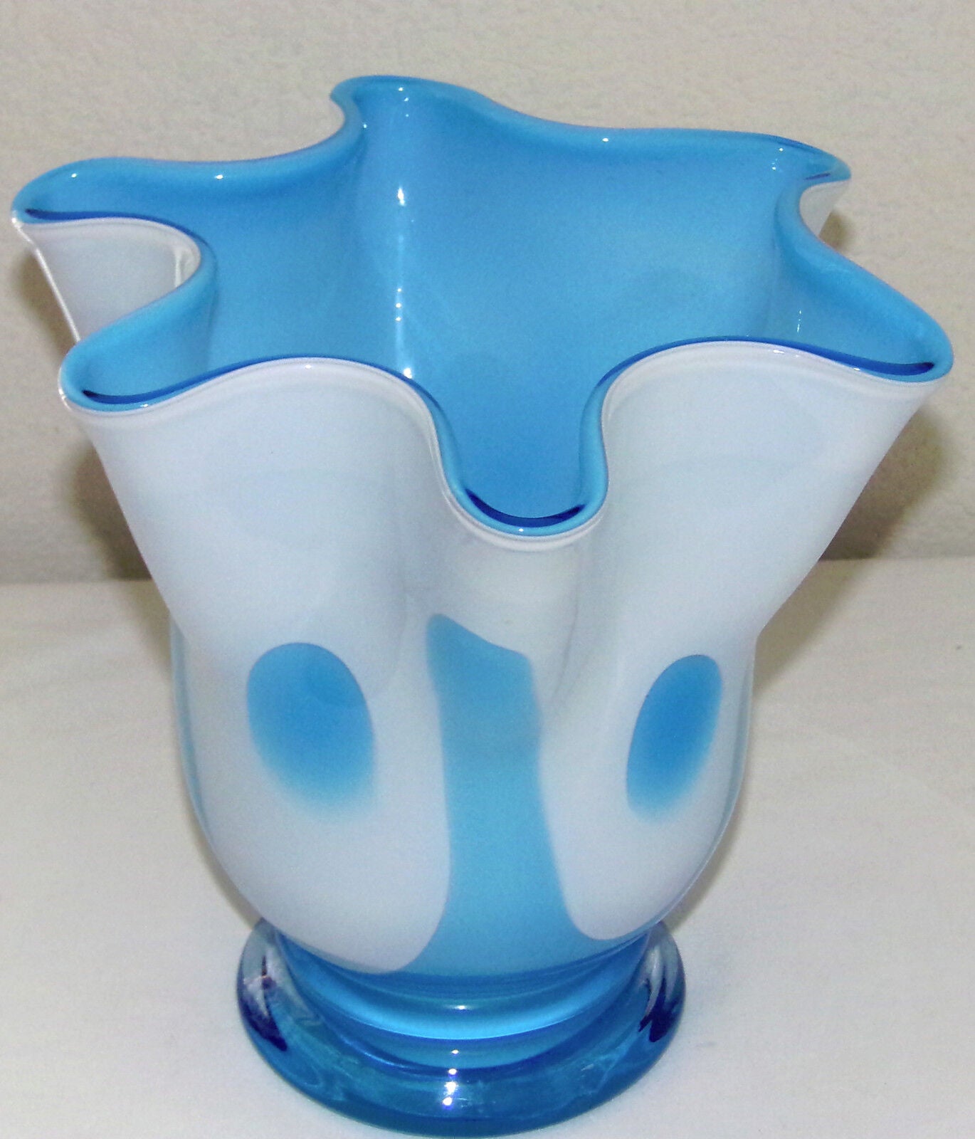 Vintage Cased Glass Handkerchief Vase Blue White Hand Blown Glass Mid Century