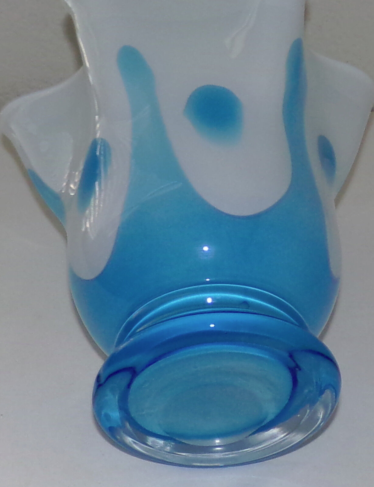 Vintage Cased Glass Handkerchief Vase Blue White Hand Blown Glass Mid Century